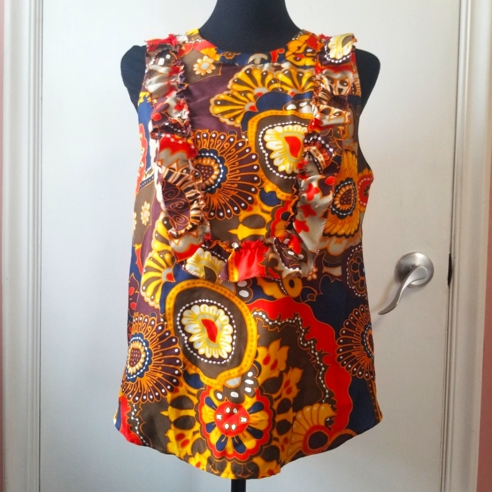 J. CREW 100% Silk Twill Darwin Sleeveless Ruffle Bib Back Button Top 8 Petite